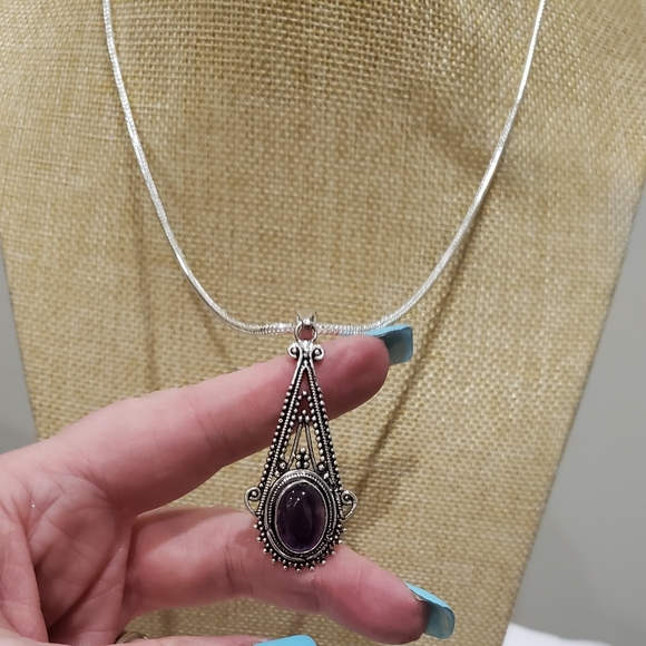 Amethyst Gemstone 925 Vintage Pendant Necklace - Picture 7 of 10